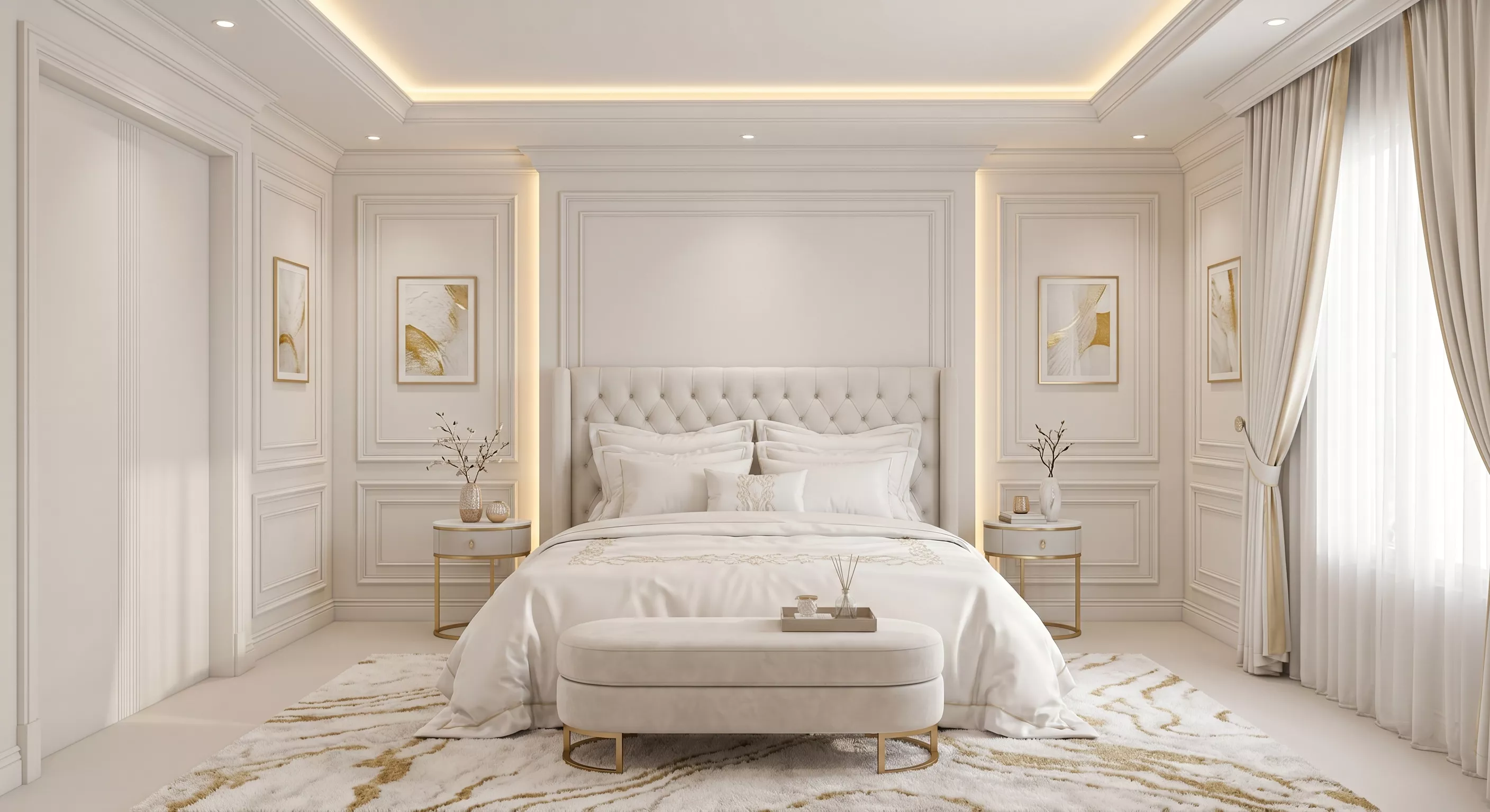 Yeni evliler için beyaz ve altın tonlarında romantik yatak odası tasarımı Yeni evliler için beyaz ve altın tonlarında romantik yatak odası tasarımı